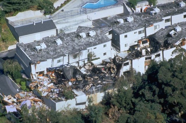 An aerial view of destruction caused by the 6.7 magnitude Northridge Earthquake, California, January 17, 1994.