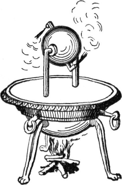 kuva aeolipilestä, toisesta Heron keksinnöstä, ehkä hänen ylistetyimmästä. Se tunnetaan myös nimellä Heron moottori, ja se käytti höyrynpainetta saadakseen akselilla olevan kiinnitetyn pallon pyörimään.