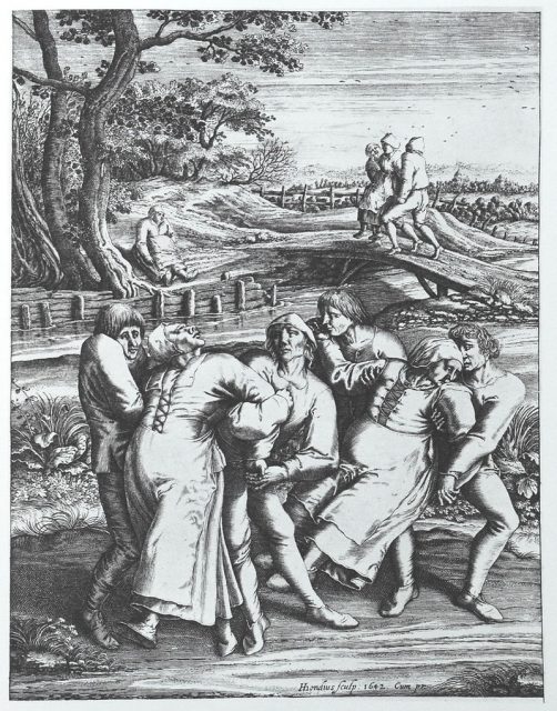 Dancing mania on a pilgrimage to the church at Sint-Jans-Molenbeek, a 1642 engraving by Hendrick Hondius after a 1564 drawing by Pieter Brueghel the Elder.