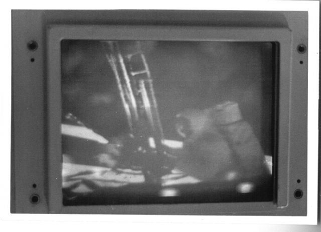 Apollo 11 moonwalk unconverted slow-scan television image, before conversion to NTSC. Photo taken at Honeysuckle Creek tracking station (Australia).