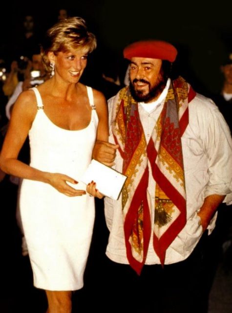 Diana is greeted by Luciano Pavarotti on arrival in Modena, Italy, for the benefit concert Pavarotti & Friends for the Children of Bosnia to raise money for Bosnian children, September 1995