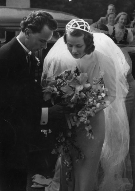 Ingrid Bergman with her first husband,  Dr. Petter Lindstrom, at their 1937 wedding. (Photo by Hulton Archive/Getty Images)