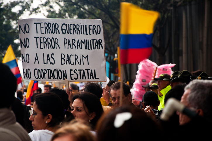 Bogota, Colombia – December 6, 2011: People line the streets of Bogota, Colombia to protest against the FARC on December 6, 2011
