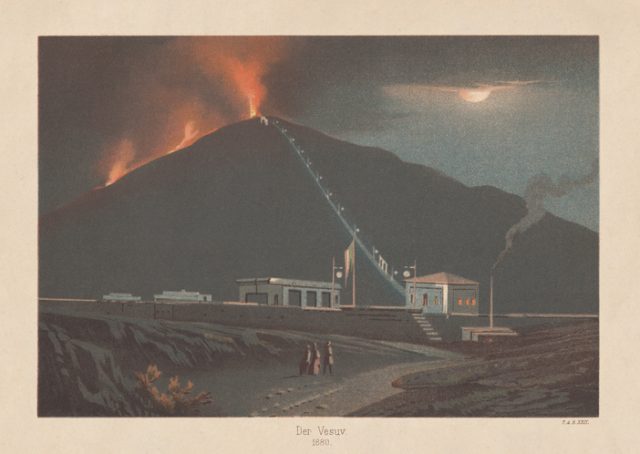 Eruption of Mount Vesuvius in 1880 at night. Lithograph, published in 1883.