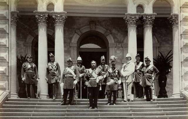 Kalakaua with his military staff officers, 1882