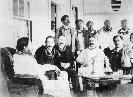 King Kalākaua, Scottish writer Robert Louis Stevenson, and Kalākaua’s Singing Boys, his own personal headed choir, c. 1889