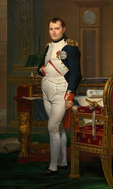 Portrait of Napoleon in his forties, in high-ranking white and dark blue military dress uniform.