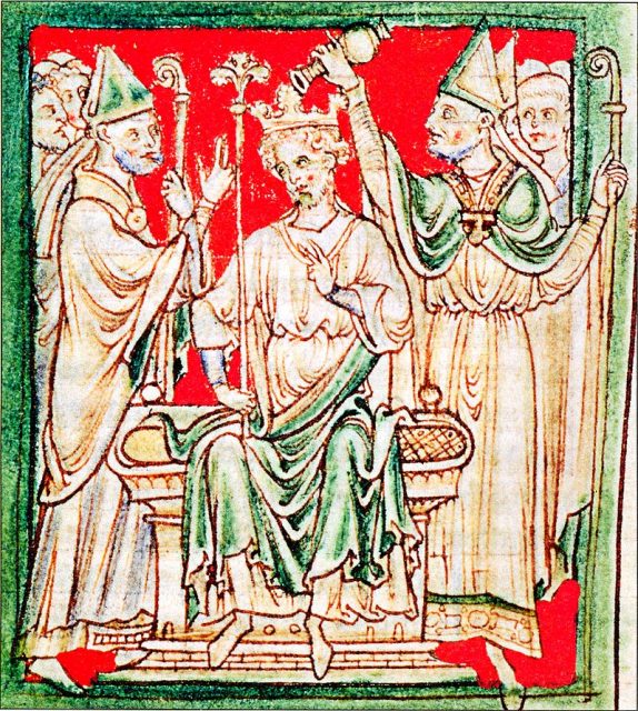 Richard I being anointed during his coronation in Westminster Abbey, from a 13th century chronicle.