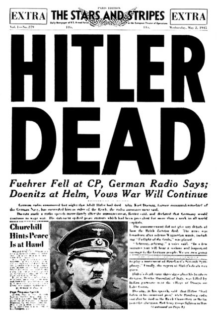 Front page of the U.S. Armed Forces newspaper, Stars and Stripes, 2 May 1945