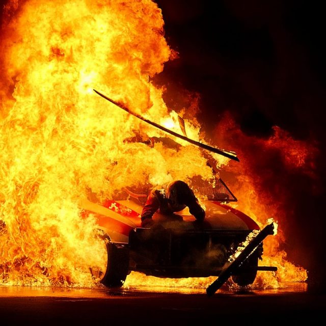 Pyrotechnics Stunt exhibition by “Giant Auto Rodéo,” Ciney, Belgium. Photo by Luc Viatour CC BY-SA 3.0