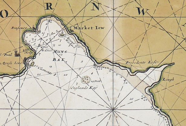 The location of the wreck of the President marked on a map of Cornwall by Van Keulen of the late 17th-century. Photo by David Gibbins