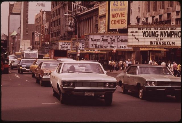 42nd Street, just west of Seventh Avenue, New York. 1970s. Thanks to the ruthless mob boss Carmine Galante, heroin flooded the city.