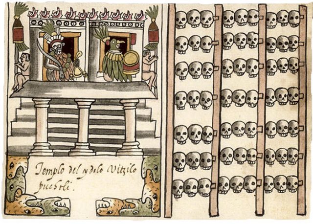 Drawing of a tzompantli from 1587 Aztec manuscript, the Codex Tovar.