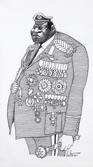 A 1977 caricature of Amin in military and presidential attire by Edmund S. Valtman