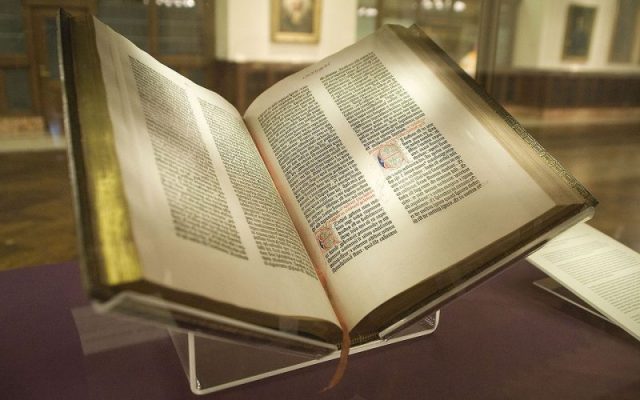 A paper codex of the acclaimed 42-line Bible, Gutenberg’s major work. Photo by NYC Wanderer CC BY SA 2.0