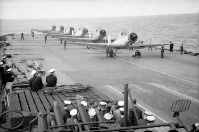 Blackburn Skuas of No. 800 Squadron Fleet Air Arm prepare to take off from HMS Ark Royal.