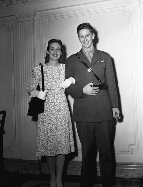 Lieutenant Cord Meyer Jr. with his bride, the former Mary Pinchot, after their marriage at the home of the bride. April 19, 1945, New York, NY.