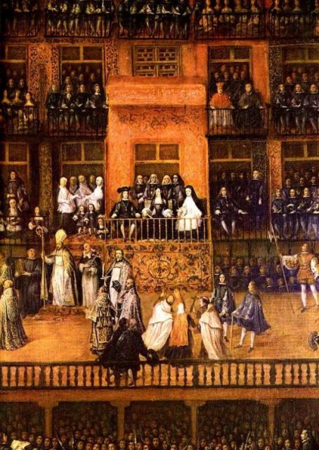 Queen consort Marie Louise, King Charles, and his mother, Mariana of Austria, attend the auto de fe of June 30, 1680, by Francisco Rizi.