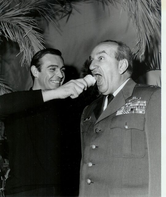 Sean Connery feigns shoving a vanilla ice cream cone in retired Lt. Col. Charles Russhon’s face during the production of “Thunderball.”