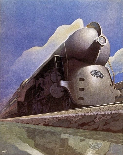 Artistic depiction of a Dreyfuss styled J-3a Hudson locomotive. It was for a streamlined 20th Century Limited passenger train in 1938.