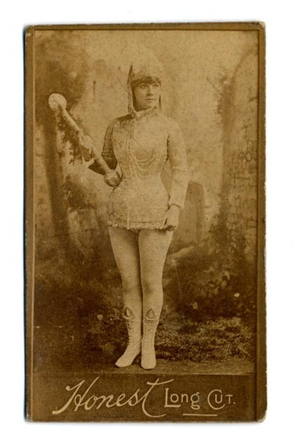 Full portrait of an unnamed actress, on antique tobacco card. Photo by Dr. Charles H. McCaghy Collection
