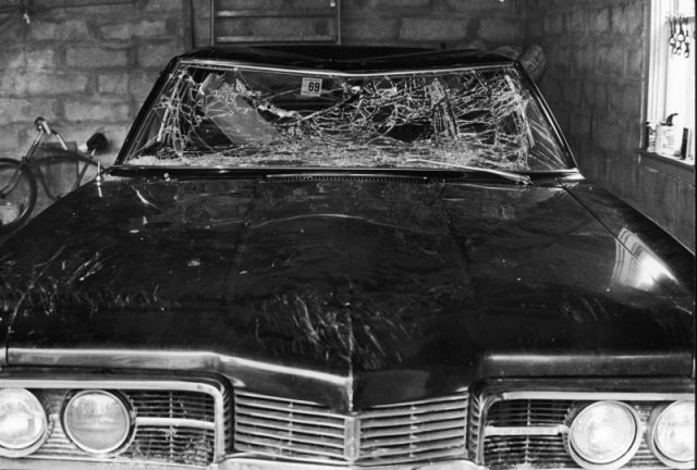 Senator Kennedy’s car with smashed windshield parked in a garage after his accident at Chappaquiddick, Massachusetts, 1969. Photo by Santi Visalli /Getty Images