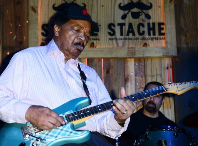 Matt ‘Guitar’ Murphy performs with Dan Aykroyd and the Blues Brothers Soul Band after a Dan Aykroyd bottle signing of Special Crystal Head Vodka at Stache on March 20, 2015, in Fort Lauderdale, Florida. (Photo by Johnny Louis/Getty Images)