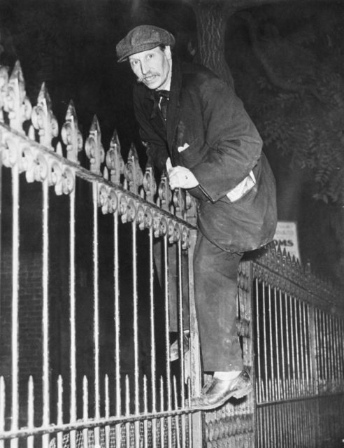 New York recluse Langley Collyer, caught climbing over a fence, who lived with his brother in their 5th Avenue home amid tons of debris they had collected. The brothers died in the house in 1947. (Photo by FPG/Getty Images)
