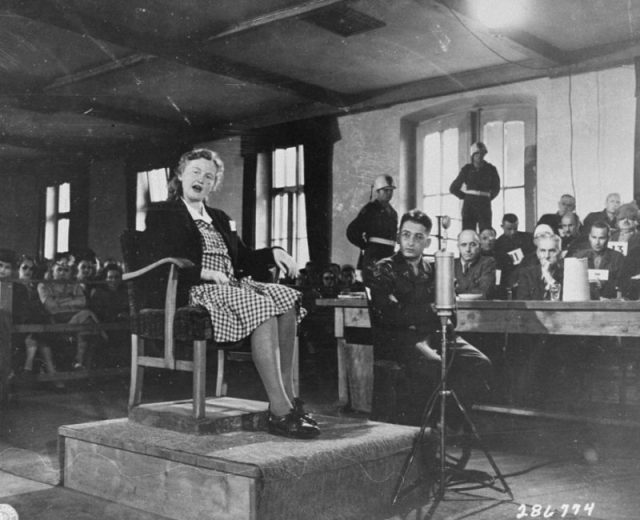 Ilse Koch testifies in her own defense at the trial of former camp personnel and prisoners from Buchenwald.