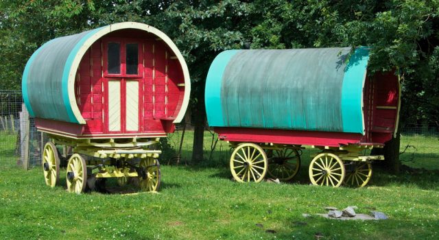 A pair of horse-drawn Romani caravans standing in a field in Ireland