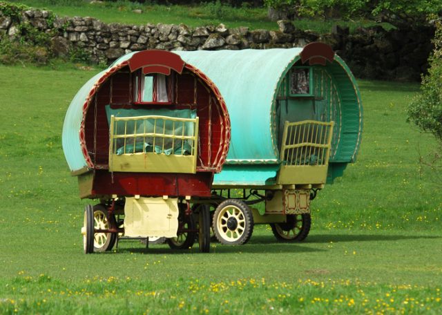 Two Romani Bowtop wagons equipped for use as vacation homes. Devon, England.
