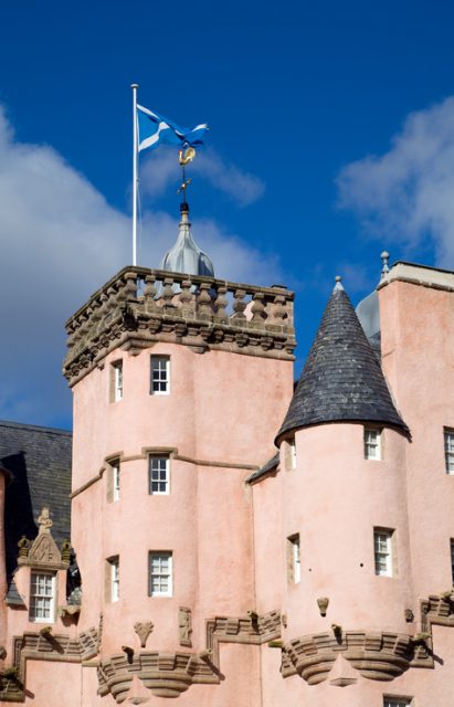 The Scottish National Flag, the Saltire or St. Andrews Cross, flying from the top of Craigievar Castle, March 18, 2012