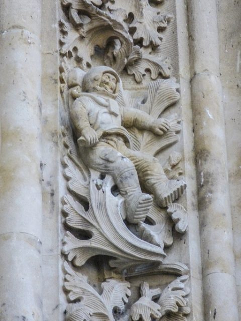 Under relief “The astronaut”. Salamanca cathedral (Spain). Situated in one of the facades.