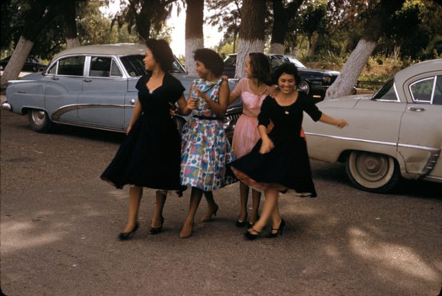 Nuevo Laredo, Mexico, 1960. Four young Mexican ladies crossing a street in Nuevo Laredo.