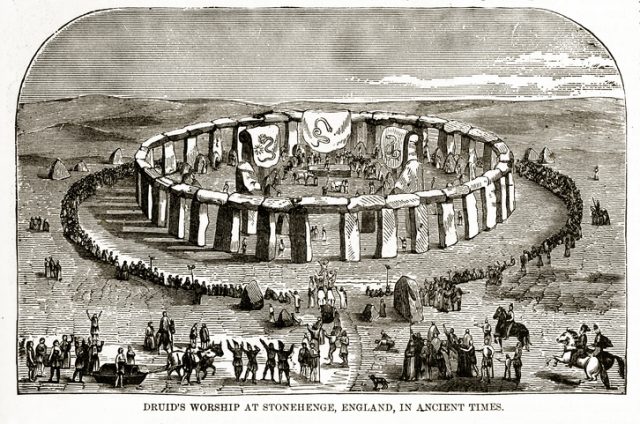 Rare and beautifully executed Engraved illustration of Druids Worshiping at Stonehenge, England in Ancient Times Engraving from The Popular Pictorial Bible,