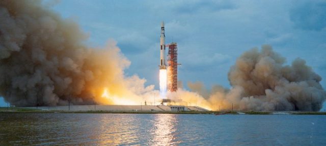 Launch of the modified Saturn V rocket carrying the Skylab space station.