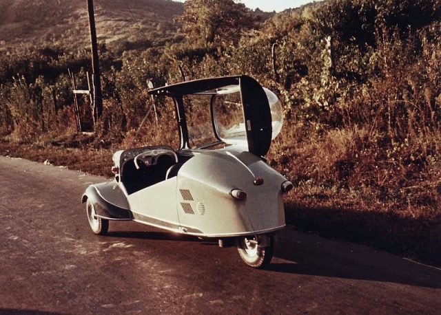 A 1956 model out for a roadtrip. Messerschmitt produced these strange-looking automobiles from 1955 until 1964. Photo by FORTEPAN / Négyesi Pál CC BY-SA 3.0