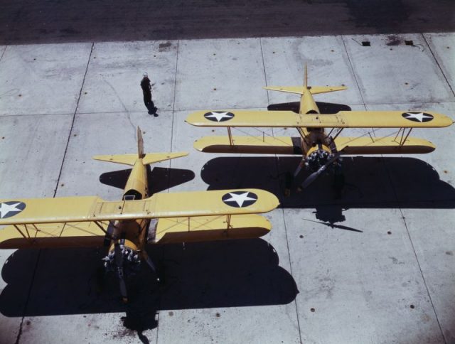A beautiful shot of two Navy N2S primary land planes.