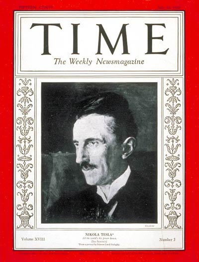 Tesla on the cover of Time magazine commemorating his 75th birthday