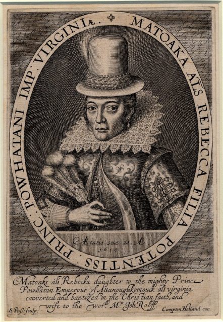 Portrait of Pocahontas, wearing a tall hat, and seen at half-length.