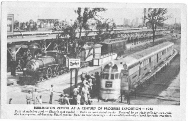 The Burlington Pioneer Zephyr at Chicago’s Century of Progress exposition, 1934.