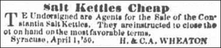 Advertisement for salt kettles – Syracuse Daily Standard, March 15, 1851.