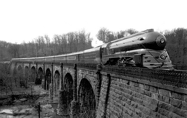 A publicity photo from 1937 of the Royal Blue train, taken at the Thomas Viaduct just south of Baltimore. In the ownership of the Baltimore and Ohio Railroad.