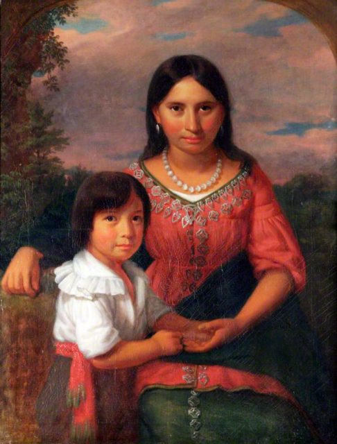 The Sedgeford Hall Portrait, once thought to represent Pocahontas and Thomas Rolfe, is now believed to actually depict the wife (Pe-o-ka) and son of Osceola, Seminole Indian Chief.