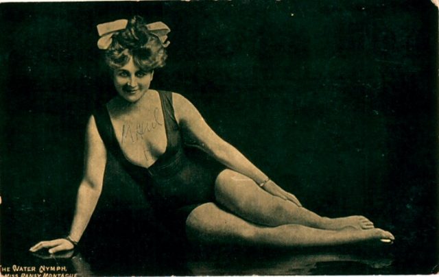 Notice those bare arms and legs. A studio portrait from 1905: ‘The Water Nymph, Miss Pansy Montague.”