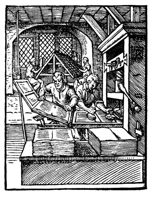 This woodcut from 1568 shows the left printer removing a page from the press while the one at right inks the text-blocks.