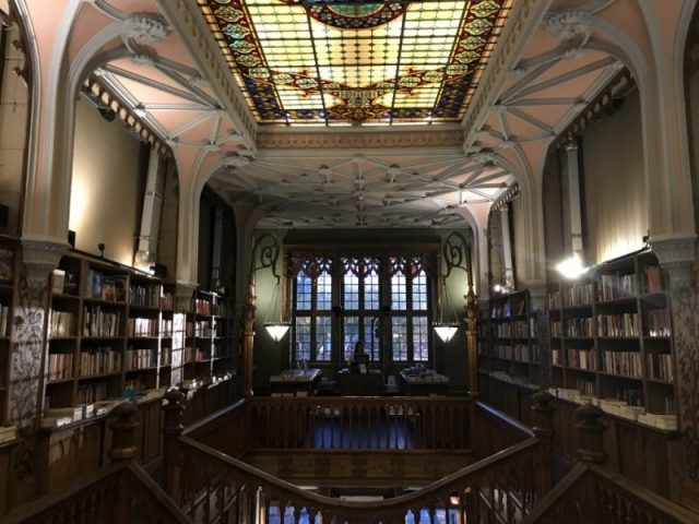 The second floor of the Lello Bookshop, with the decorative plasterwork and stained glass ceiling above. Could this be where the magical books come to life at night?