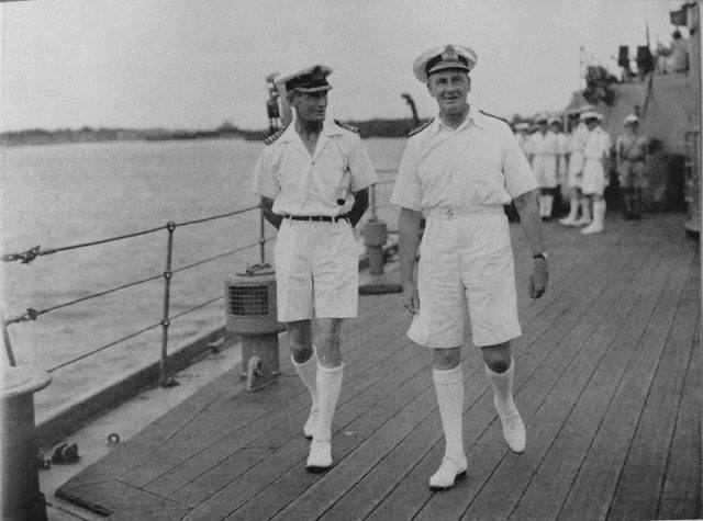 Vice-Admiral Sir James Somerville with Captain G.N. Oliver on board H.M.S. Warspite. This photograph was taken after Admiral Somerville had left force H to take command of the Eastern Fleet.