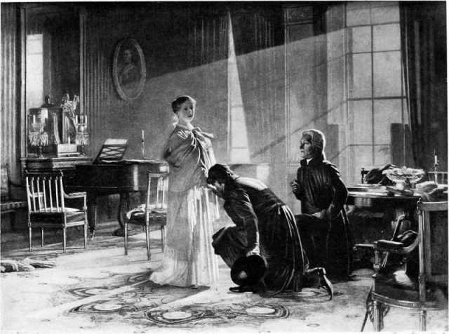 Victoria receives the news of her accession from Lord Conyngham (left) and the Archbishop of Canterbury. Engraving after painting by Henry Tanworth Wells, 1887.