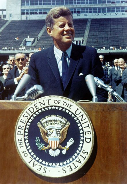 President John F. Kennedy speaks at Rice University, 1962. He was likely one of the persons who didn’t endorse the plan to proceed.